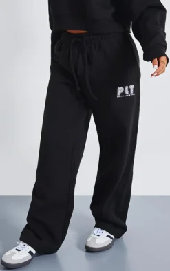 Hot PrettyLittleThing Petite Premium Printed Straight Leg Sweatpants Black