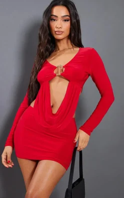 Hot PrettyLittleThing Petite Low Rise Slinky Micro Mini Skirt Red