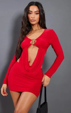 Discount PrettyLittleThing Petite Slinky Drape Longsleeve Crop Top Red