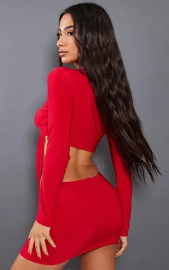 Discount PrettyLittleThing Petite Slinky Drape Longsleeve Crop Top Red