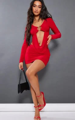 Discount PrettyLittleThing Petite Slinky Low Rise Micro Mini Skirt Red