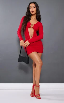 PrettyLittleThing Petite Slinky Trim Detail Drape Long Sleeve Crop Top Red