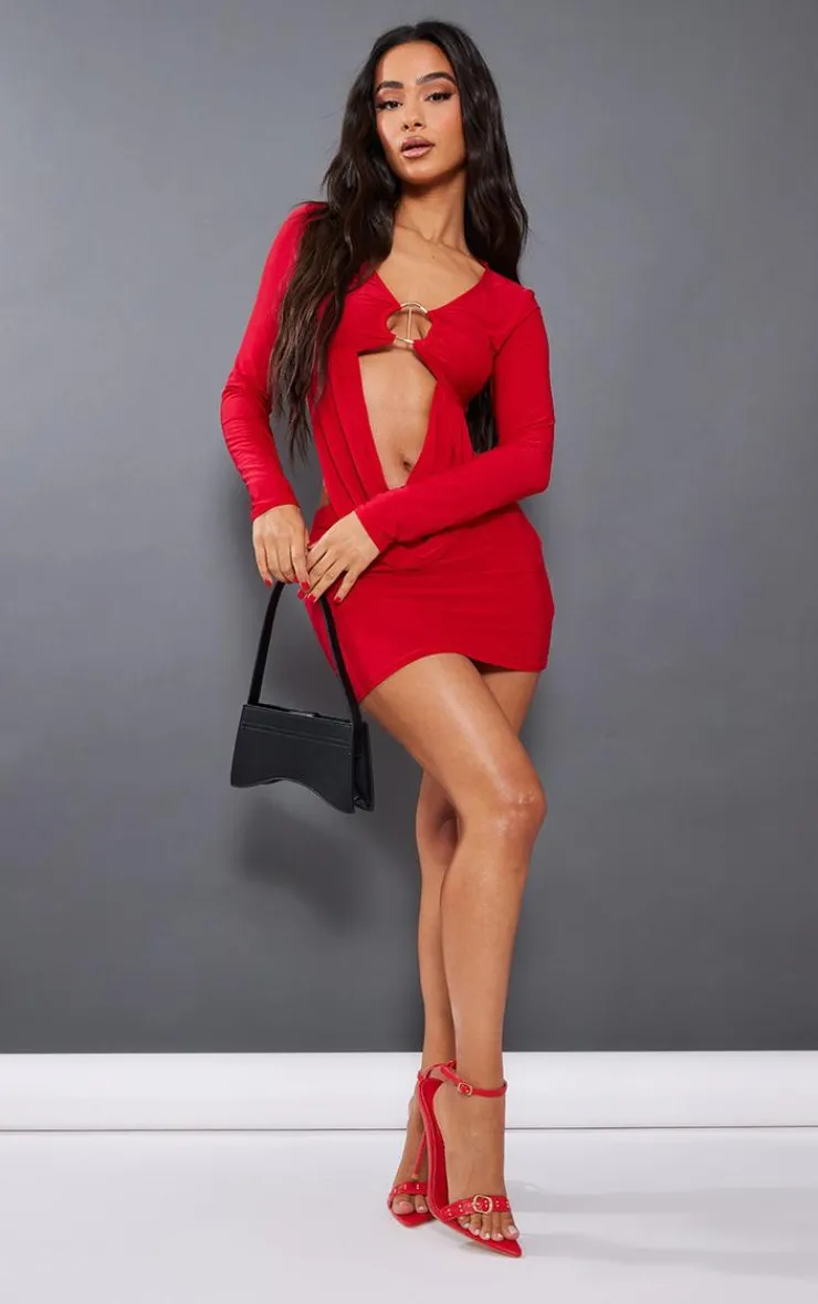 PrettyLittleThing Petite Slinky Trim Detail Drape Long Sleeve Crop Top Red