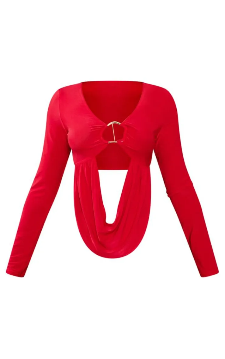 PrettyLittleThing Petite Slinky Trim Detail Drape Long Sleeve Crop Top Red