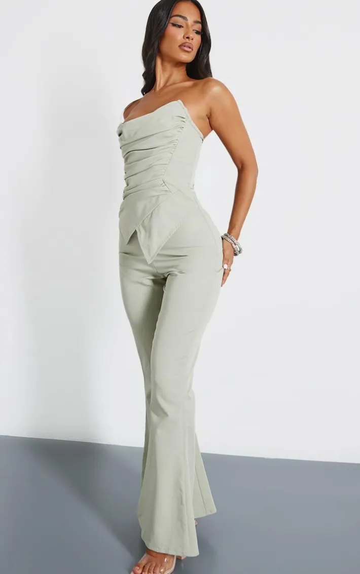 Petite Sage Green Ruched Pointed Corset Bandeau Jumpsuit