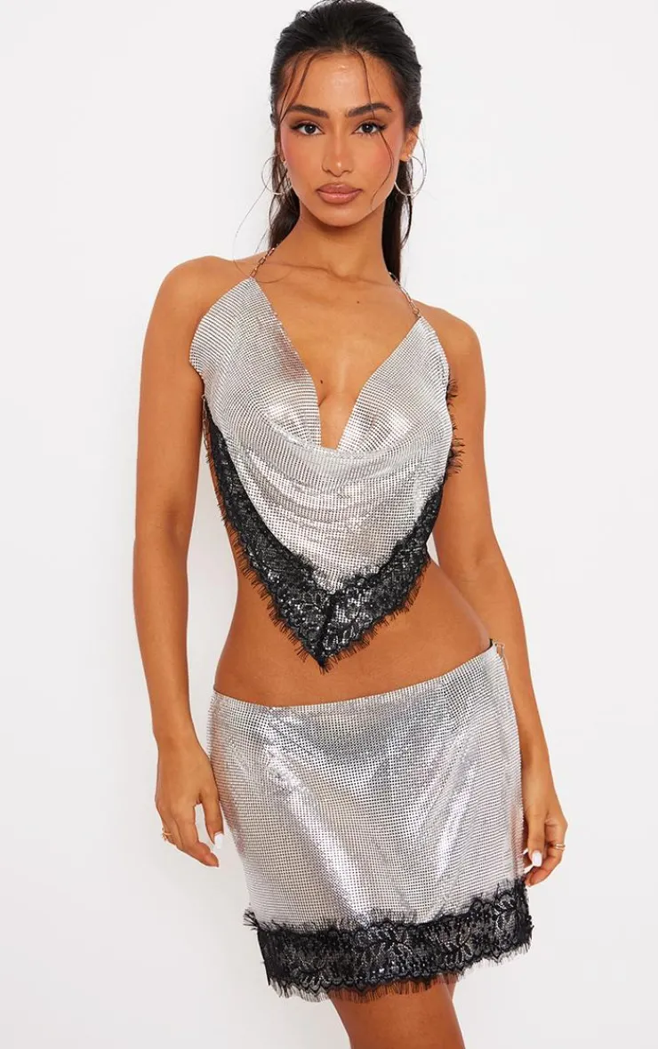 Online PrettyLittleThing Petite Lace Detail Chainmail Crop Top Silver