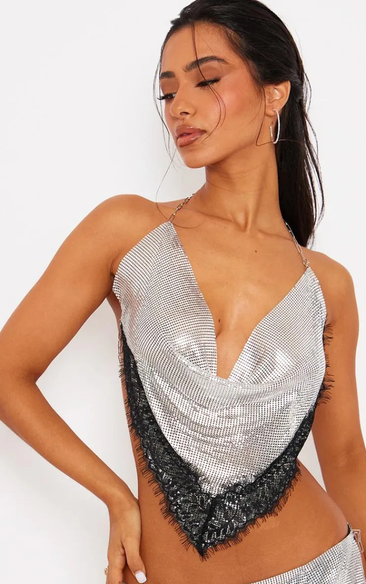 Online PrettyLittleThing Petite Lace Detail Chainmail Crop Top Silver