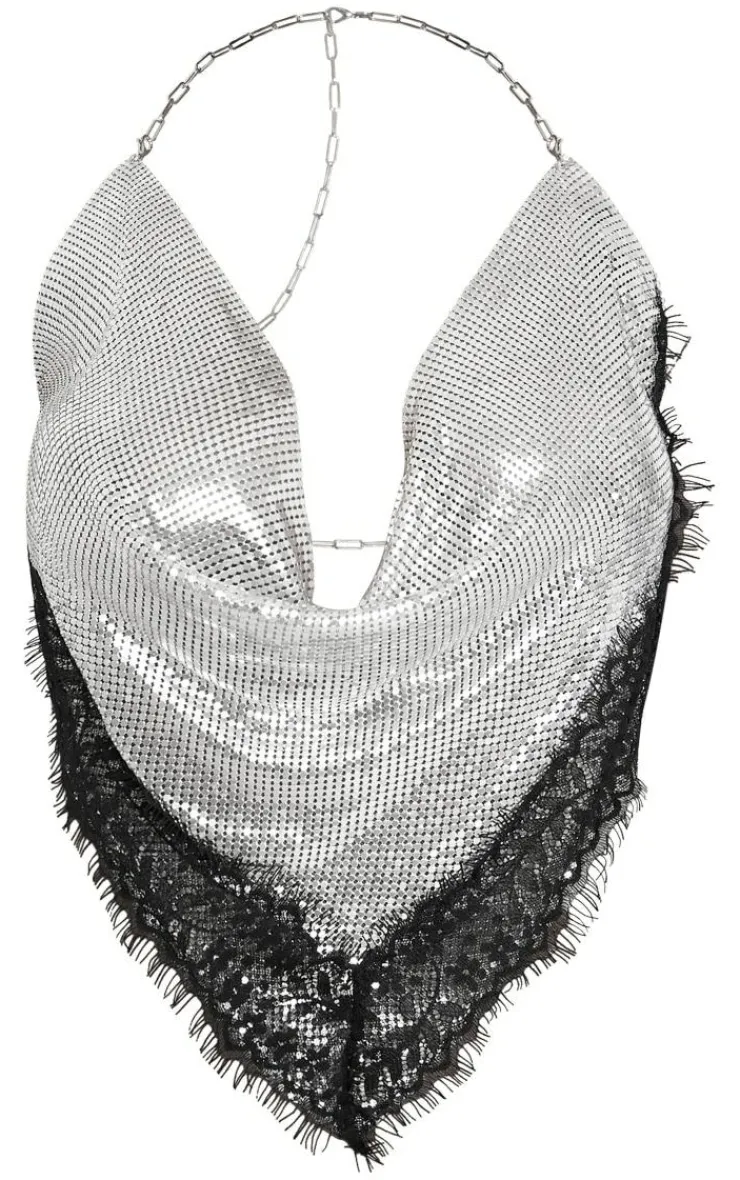 Online PrettyLittleThing Petite Lace Detail Chainmail Crop Top Silver