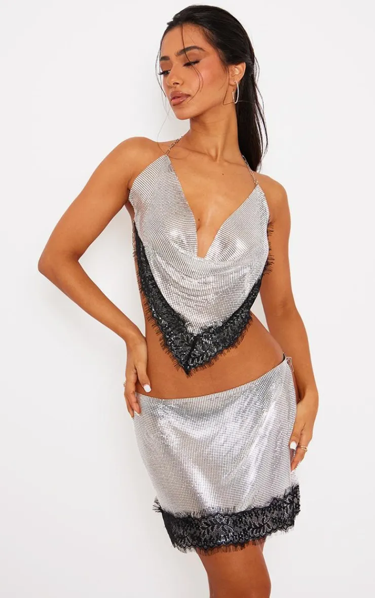 Online PrettyLittleThing Petite Lace Detail Chainmail Mini Skirt Silver