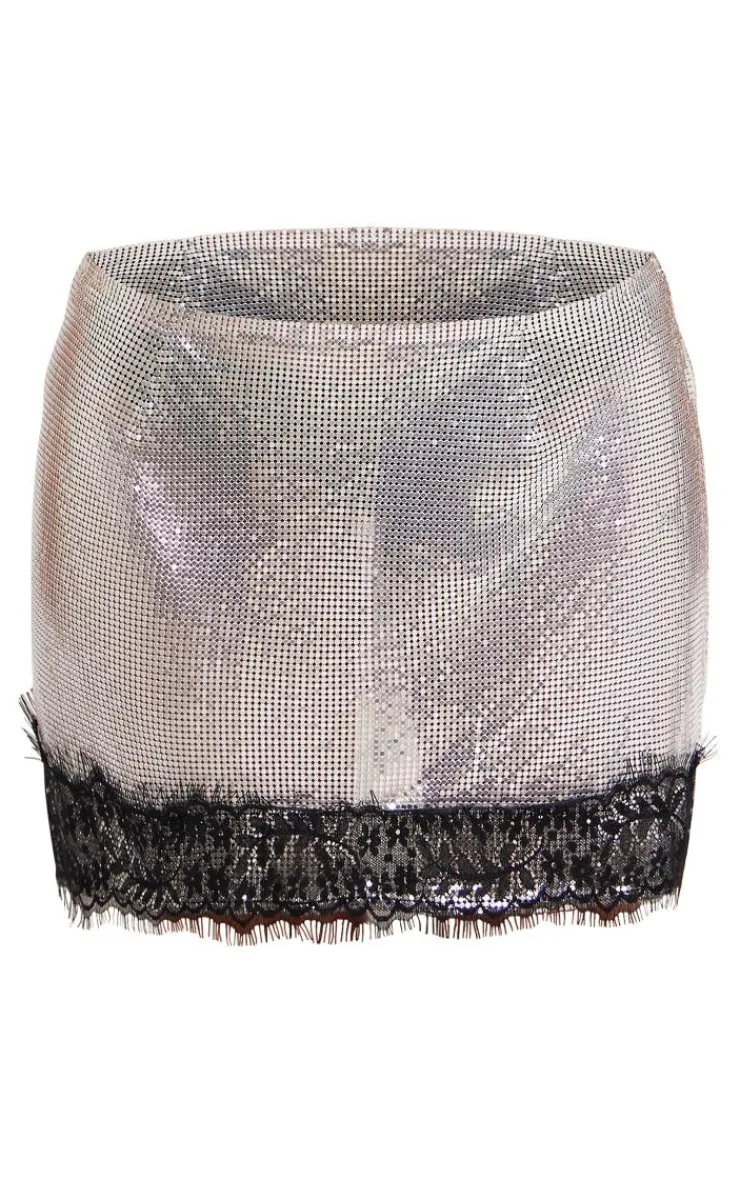 Online PrettyLittleThing Petite Lace Detail Chainmail Mini Skirt Silver