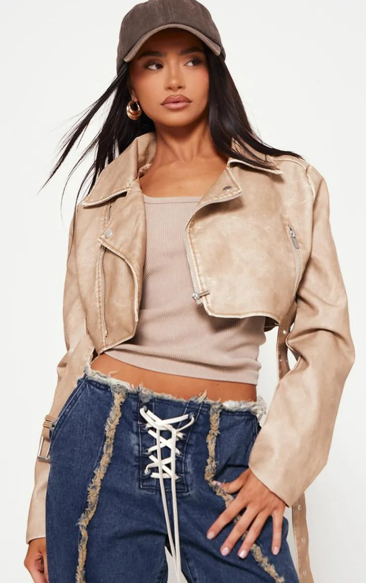 PrettyLittleThing Faux Leather Jackets*Petite Faux Leather Super Cropped Belted Biker Jacket