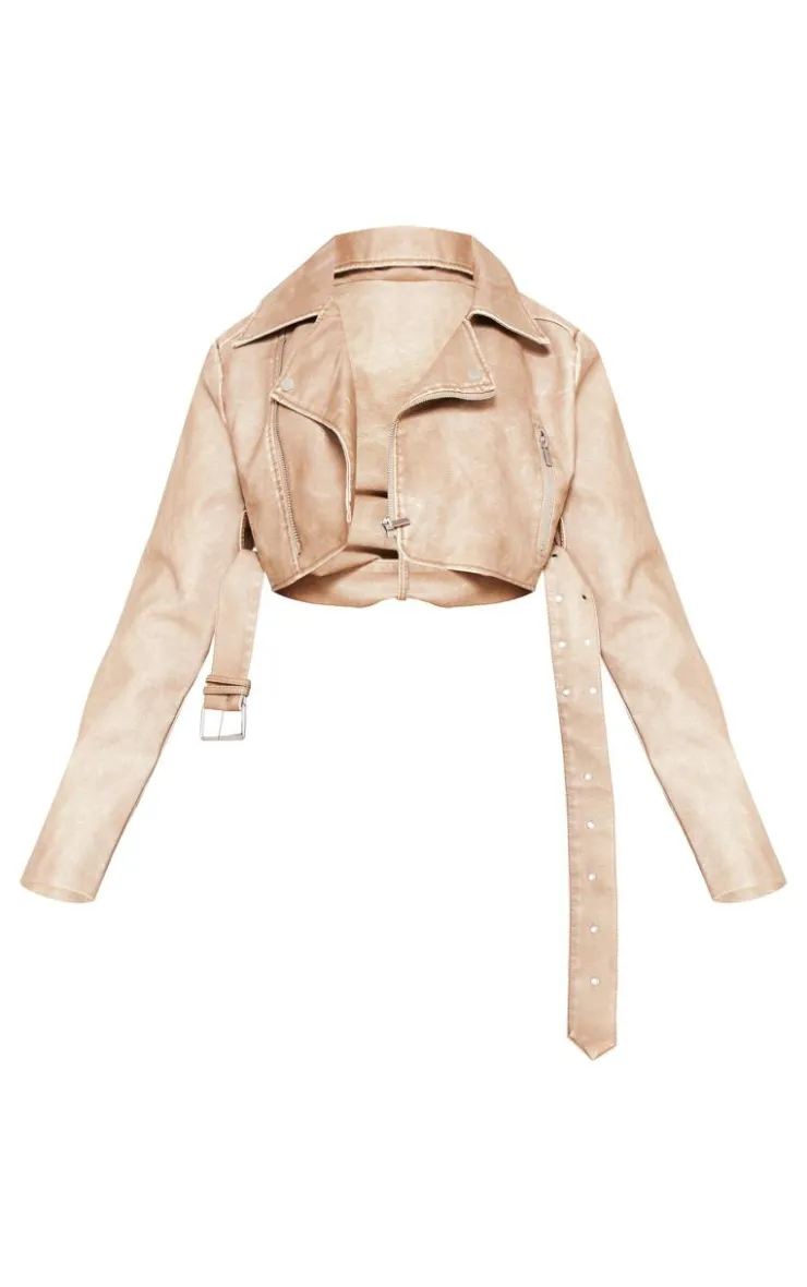 PrettyLittleThing Faux Leather Jackets*Petite Faux Leather Super Cropped Belted Biker Jacket