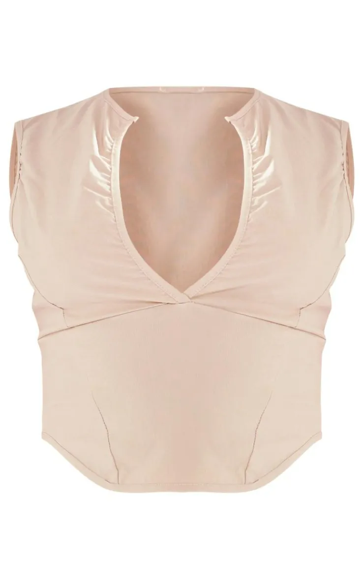 Outlet PrettyLittleThing Petite Stretch Woven Plunge Seam Top Stone