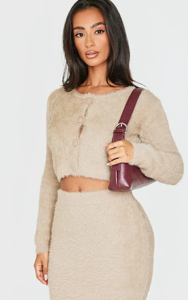 Outlet PrettyLittleThing Petite Fluffy Knit Cropped Cardigan Taupe