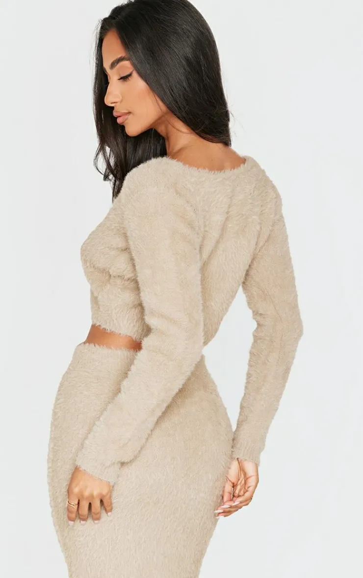 Outlet PrettyLittleThing Petite Fluffy Knit Cropped Cardigan Taupe