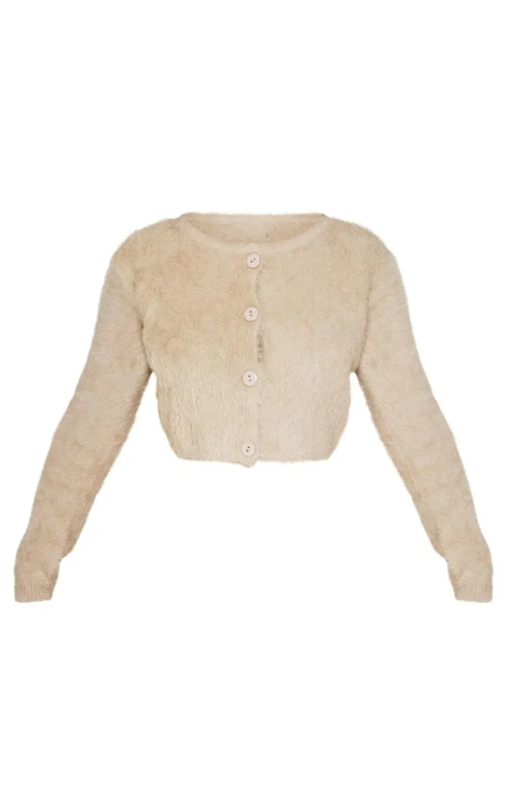 Outlet PrettyLittleThing Petite Fluffy Knit Cropped Cardigan Taupe