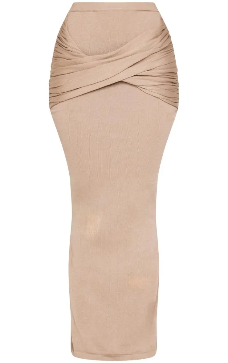PrettyLittleThing Petite Knit Cross Front Maxi Skirt Taupe