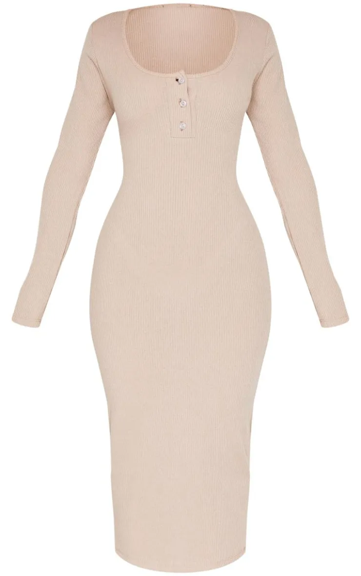 Petite Long Sleeve Brushed Rib Button Detail Midi Dress-PrettyLittleThing Clearance