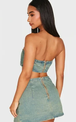 Online PrettyLittleThing Petite Denim Bandeau Crop Top Vintage Wash