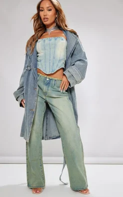 Petite Vintage Wash Fray Waist Low Rise Straight Leg Jeans