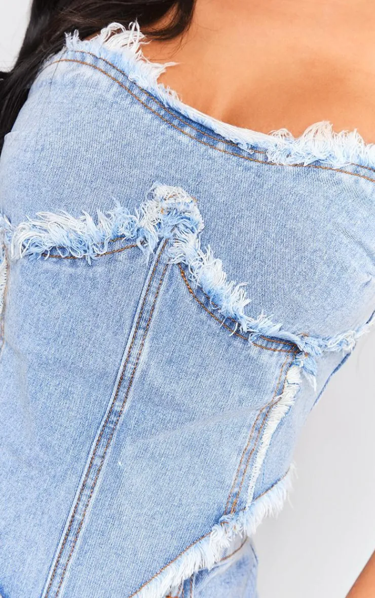 Best PrettyLittleThing Petite Raw Hem Detail Denim Corset Top Vintage Wash