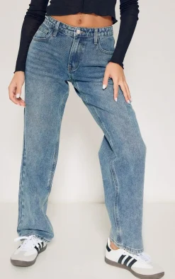 Petite Vintage Wash Rigid Low Rise Straight Leg Jeans