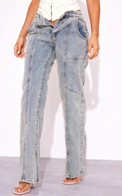 Petite Vintage Wash Seam Back Foldover Waistband Straight Leg Jeans