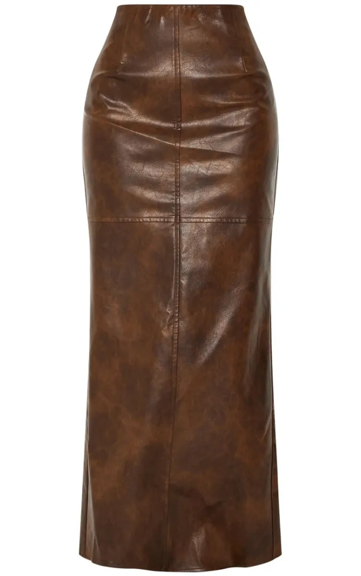 Petite Washed Brown Faux Leather Seam Detail Maxi Skirt