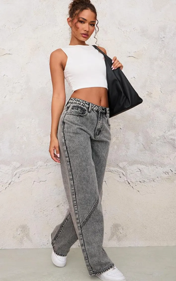 Petite Washed Grey Denim Seam Detail Straight Leg Jeans