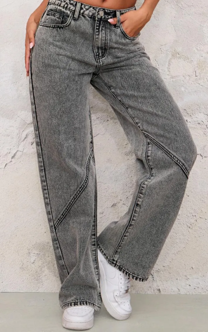 Petite Washed Grey Denim Seam Detail Straight Leg Jeans