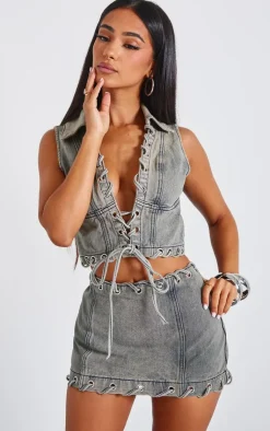 New PrettyLittleThing Petite Denim Lace Up Detail Mini Skirt Washed Grey