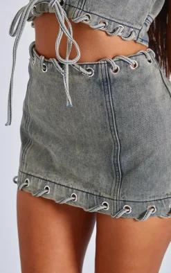 New PrettyLittleThing Petite Denim Lace Up Detail Mini Skirt Washed Grey