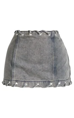 New PrettyLittleThing Petite Denim Lace Up Detail Mini Skirt Washed Grey