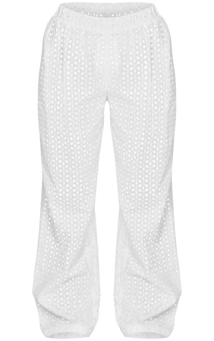 Discount PrettyLittleThing Petite Broderie Low Waist Straight Leg Pants White