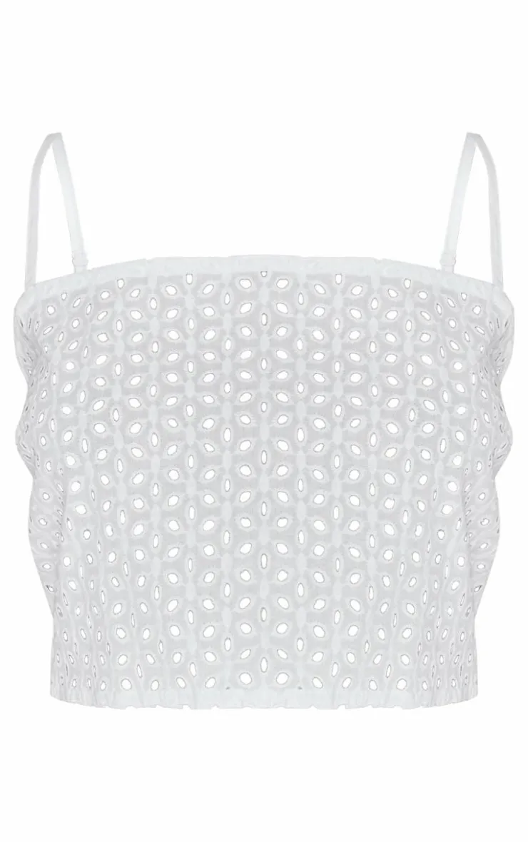 Outlet PrettyLittleThing Petite Broderie Square Neck Crop Top White