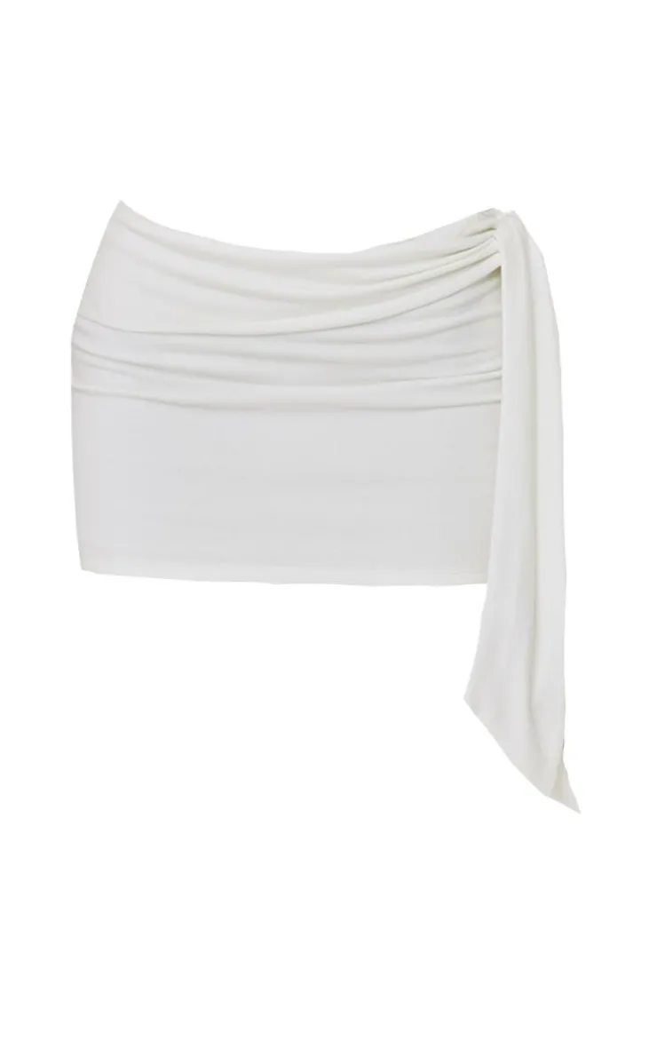 Online PrettyLittleThing Petite Contour Jersey Tie Detail Foldover Mini Skirt White