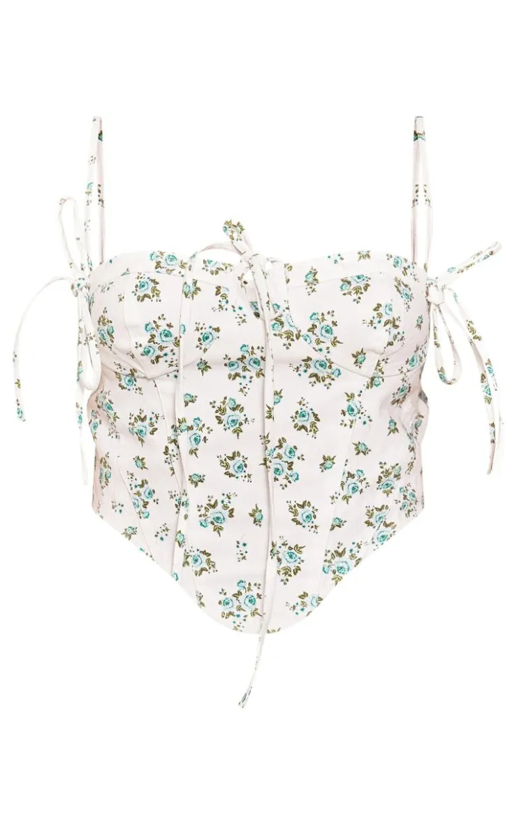 PrettyLittleThing Petite Denim Floral Print Corset Top White