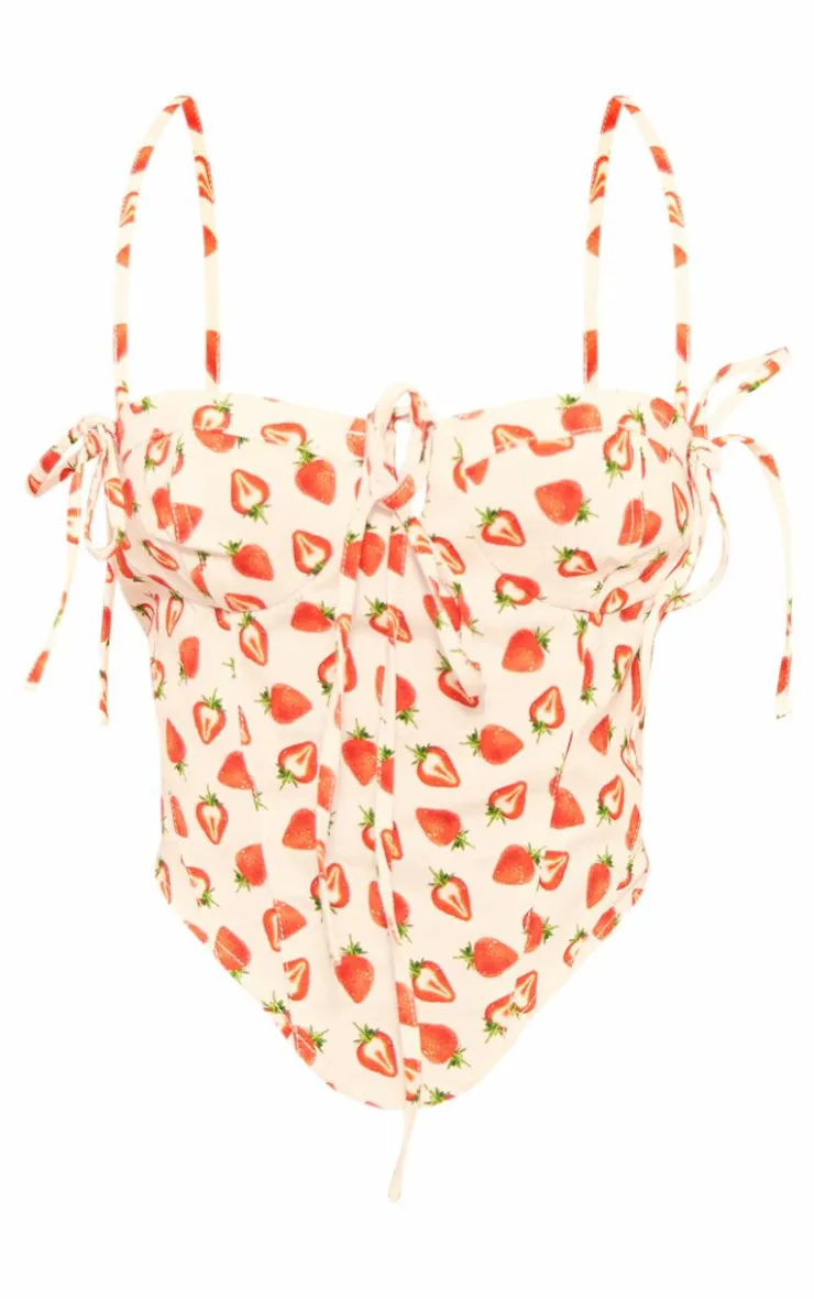 Hot PrettyLittleThing Petite Denim Strawberry Printed Corset Top White