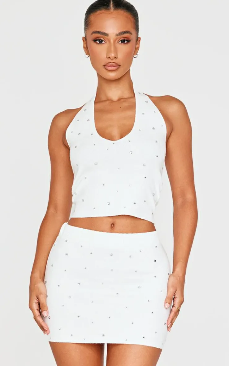 New PrettyLittleThing Petite Diamante Knit Mini Skirt White
