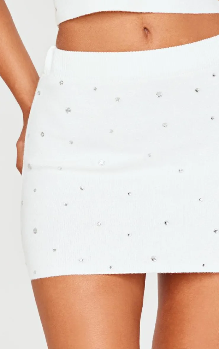 New PrettyLittleThing Petite Diamante Knit Mini Skirt White