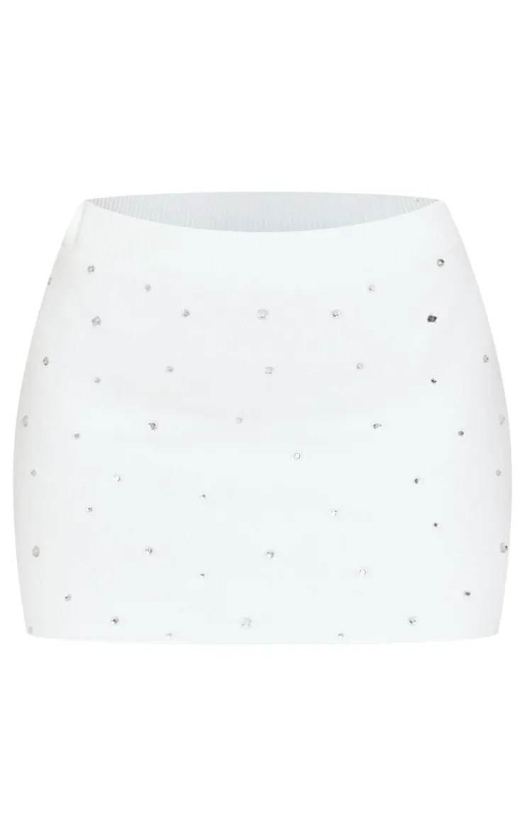 New PrettyLittleThing Petite Diamante Knit Mini Skirt White
