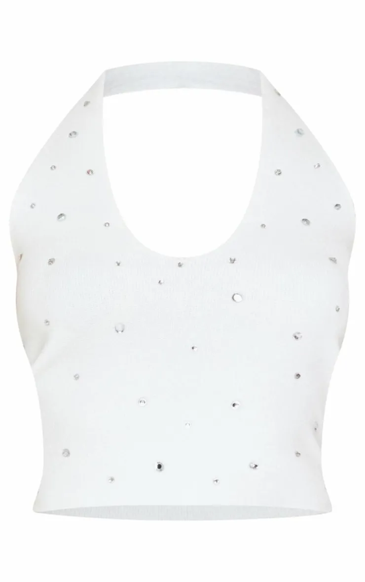 Online PrettyLittleThing Petite Diamante Knit Halterneck Top White
