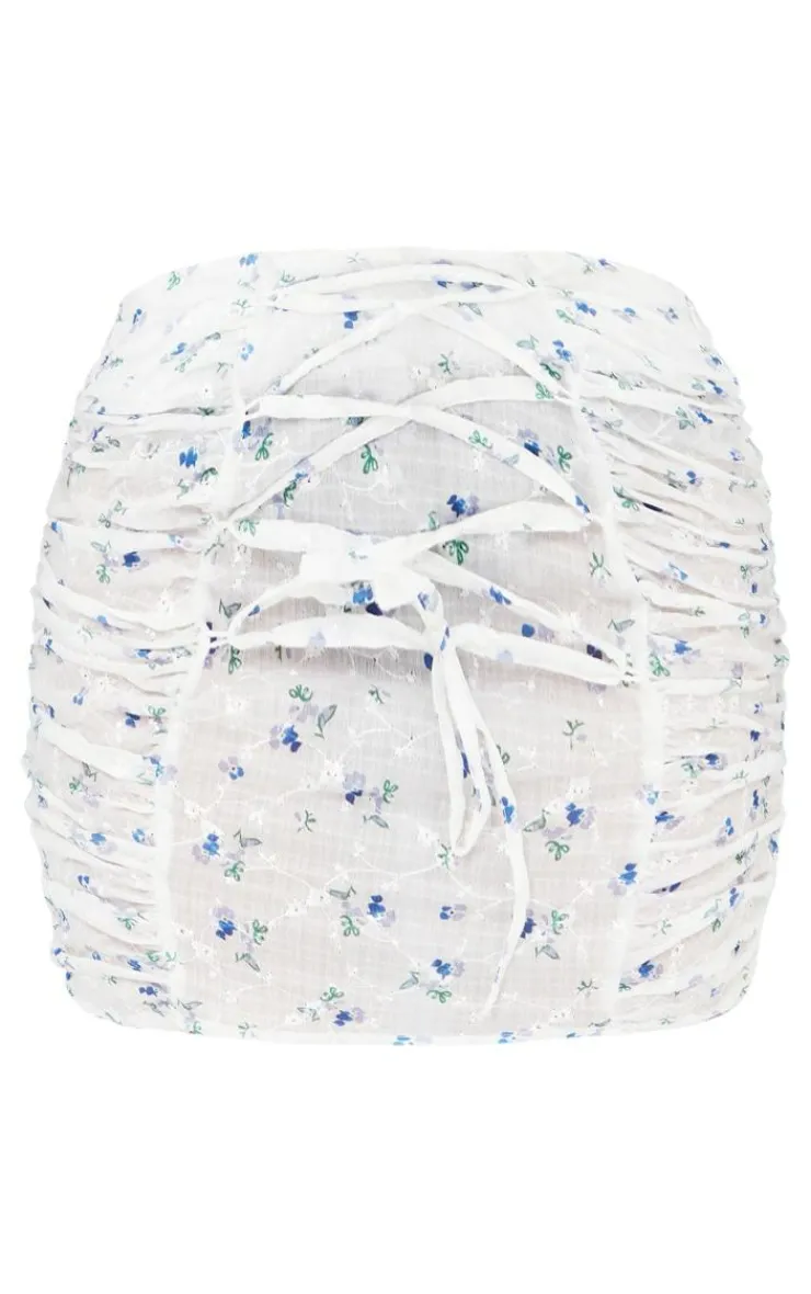 New PrettyLittleThing Petite Floral Print Lace-Up Mini Skirt White