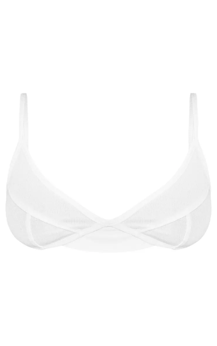 Online PrettyLittleThing Petite Ribbed Seam Detail Bralet White