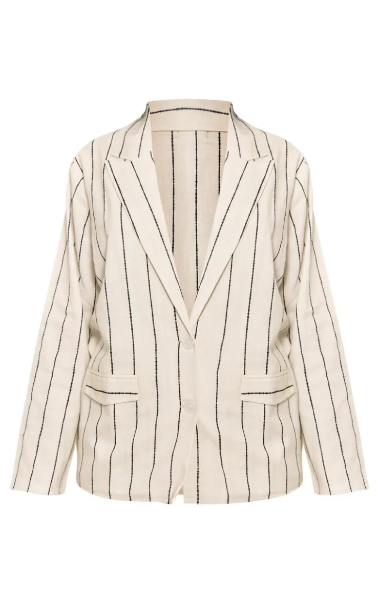 Hot PrettyLittleThing Petite Stripe Linen Look Blazer White
