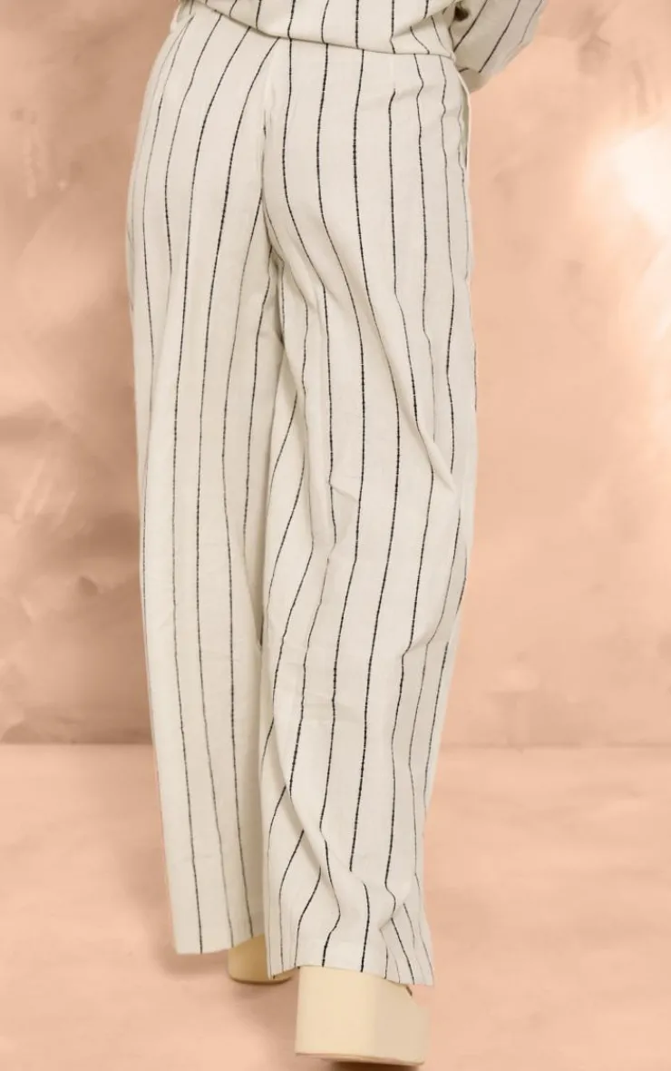 Sale PrettyLittleThing Petite Stripe Linen Look Tailored Pants White