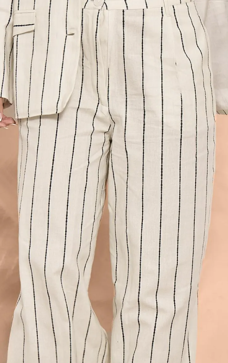 Sale PrettyLittleThing Petite Stripe Linen Look Tailored Pants White