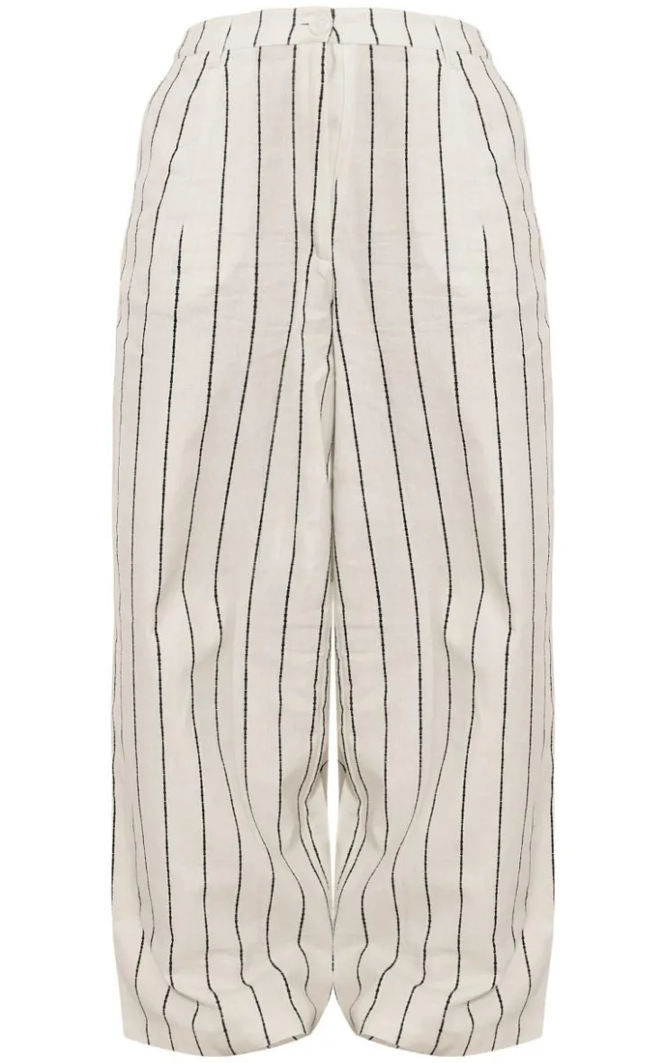 Sale PrettyLittleThing Petite Stripe Linen Look Tailored Pants White
