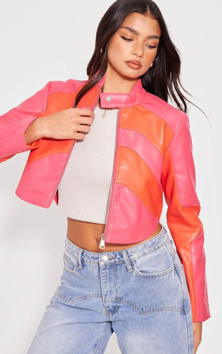 PrettyLittleThing Faux Leather Jackets*Asymmetric Lines Faux Leather Crop Jacket