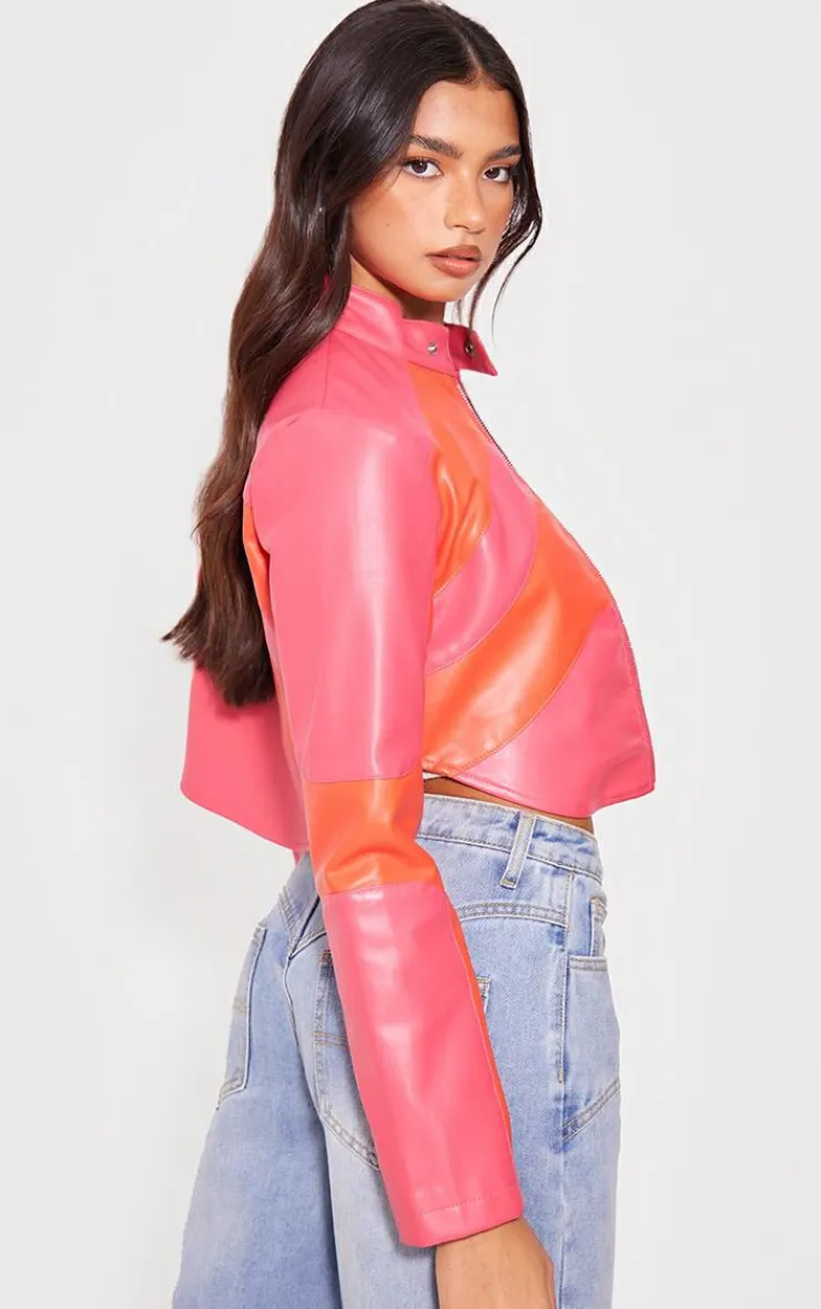 PrettyLittleThing Faux Leather Jackets*Asymmetric Lines Faux Leather Crop Jacket